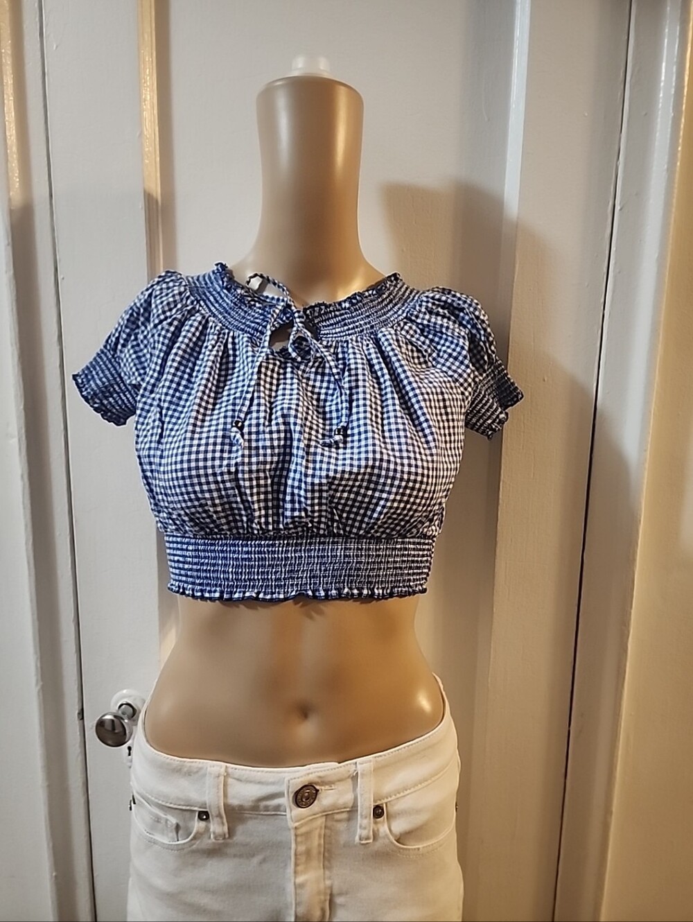 Royal Blue & White Gingham Cropped Peasant Boho Blouse Top Size S